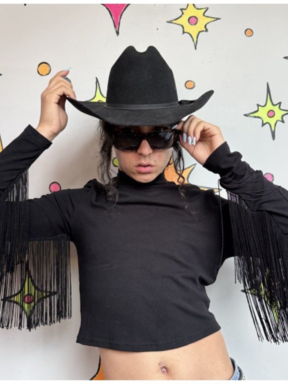 Cowboy-Core Black Cropped Turtleneck w/ Fringe Goth Western Glam~ Size M